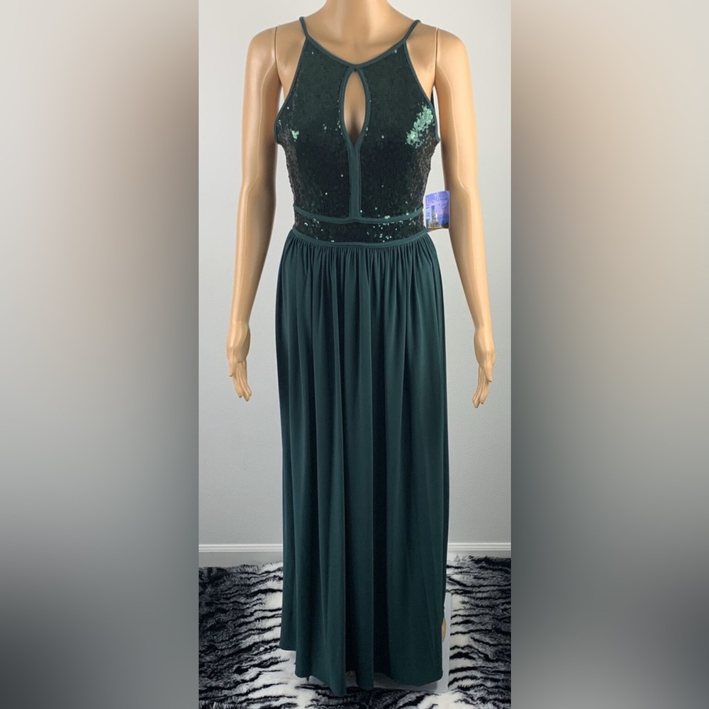 Morgan & Co Maxi Dress Sz 9 Keyhole Tieback Halter Bridesmaids Green Wedding